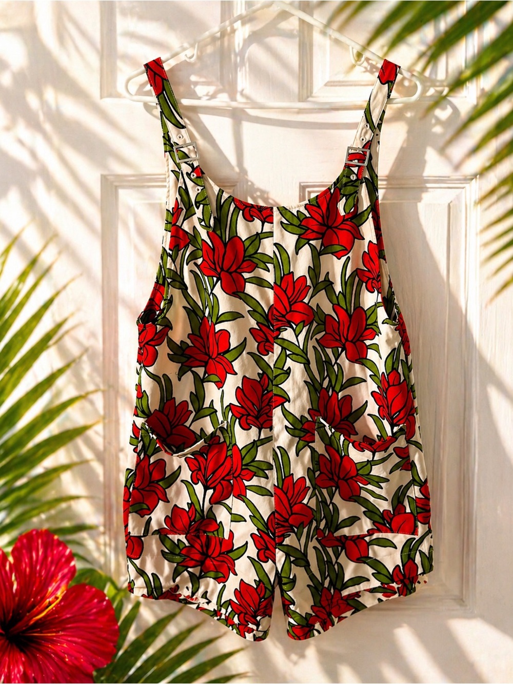 Forever 21 Floral Romper Overalls Red Tropical Print Size Large